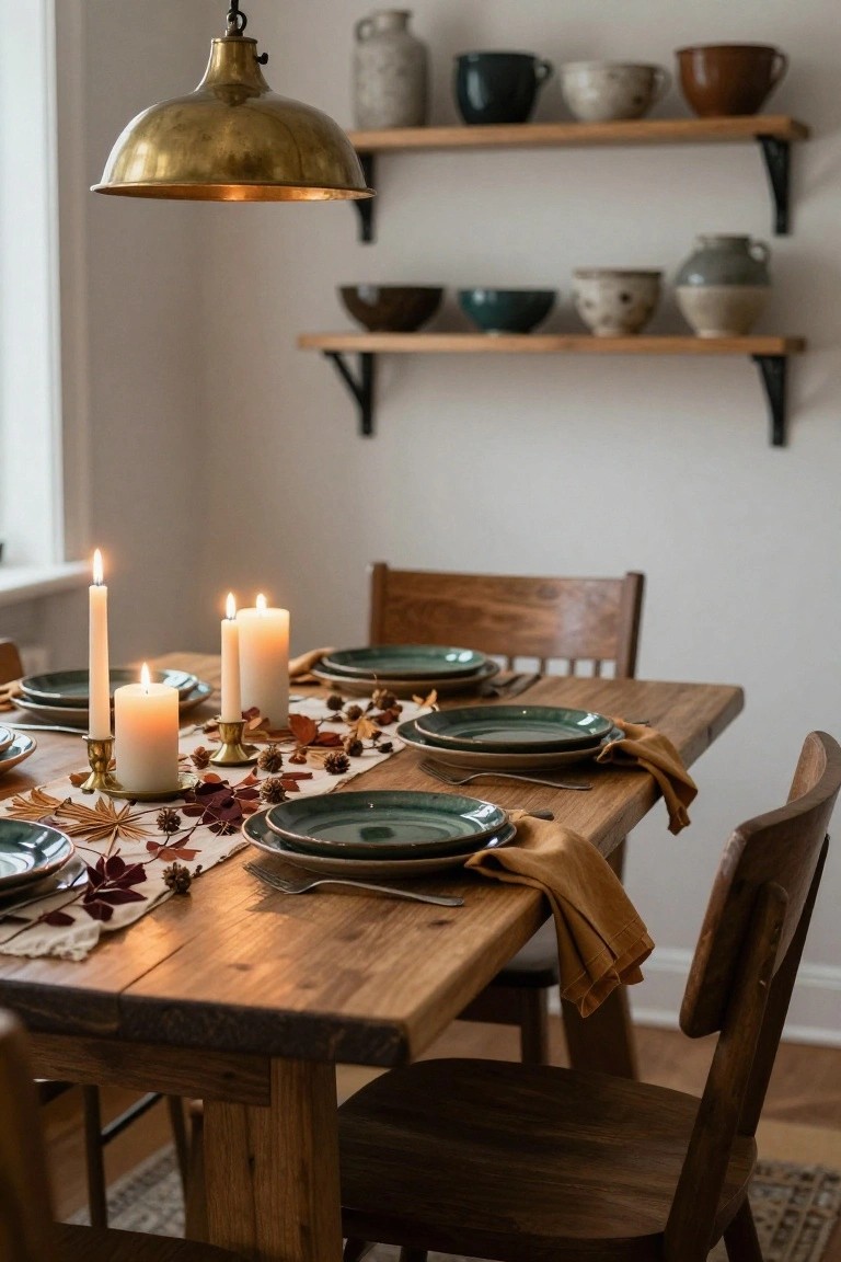 Wooden dining table in a light room set with green plates, orange napkins, a leaf and pinecone runner, brass candle holders with white candles, wooden chairs, and shelves of pottery above.
