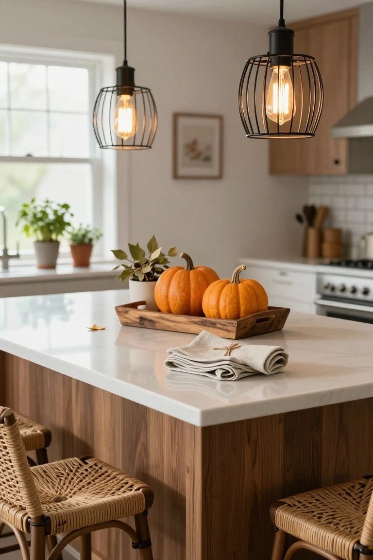 Modern kitchen with wooden accents, pumpkins on a tray, and pendant lighting.