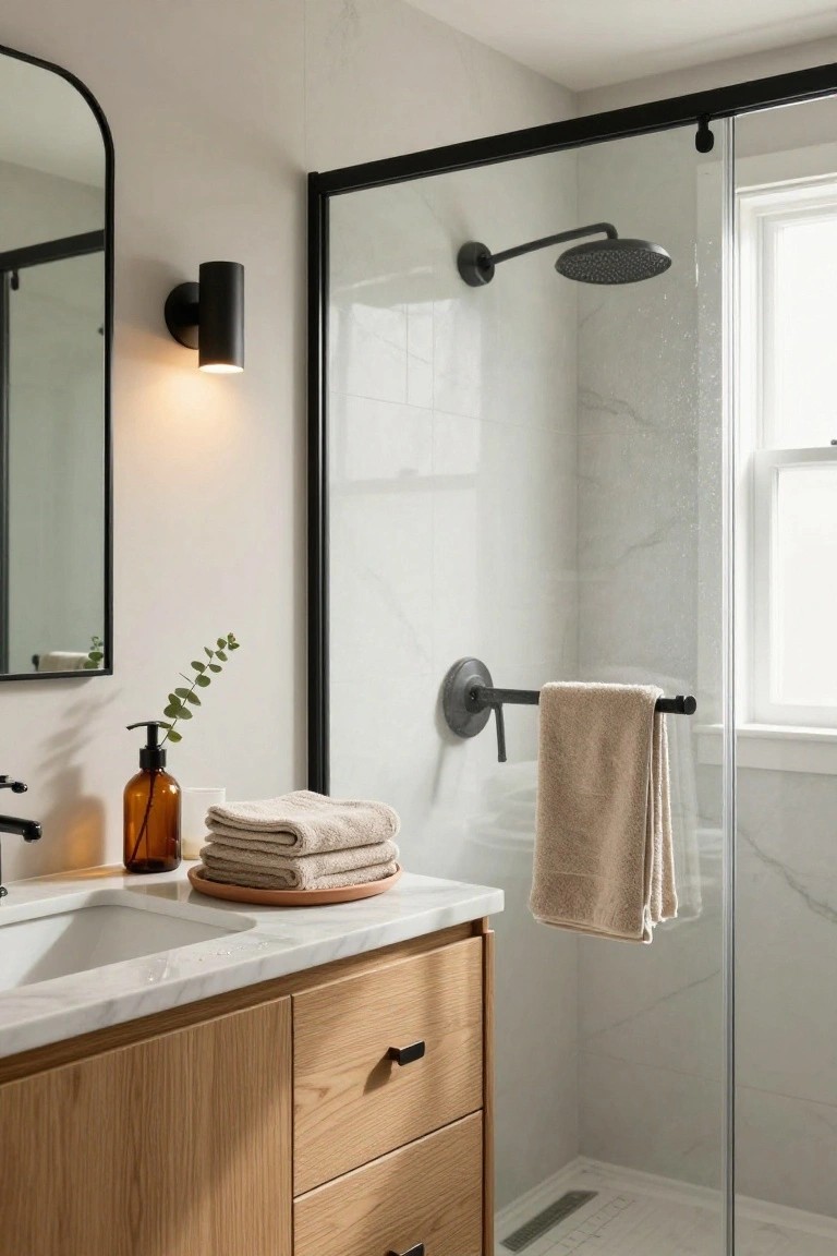 Modern bathroom with light oak wood vanity, white marble countertop and sink, black metal shower enclosure, beige towels on rack, and eucalyptus sprig on counter.