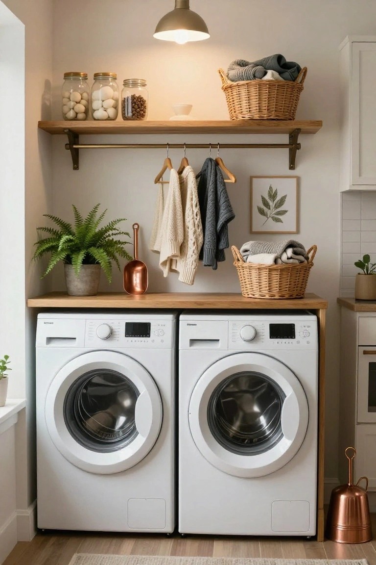 Two white front-loading washing machines positioned side by side under a wooden countertop in a laundry room, with rattan baskets, potted plants, hanging clothes rack, shelves holding glass jars, and copper accessories.