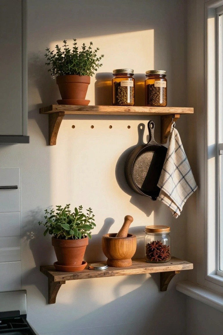 Two floating wooden shelves on a kitchen wall holding potted herbs in terracotta pots, glass jars of spices, wooden mortar and pestle, and a hanging cast iron pan with a cloth towel, with sunlight from a nearby window.