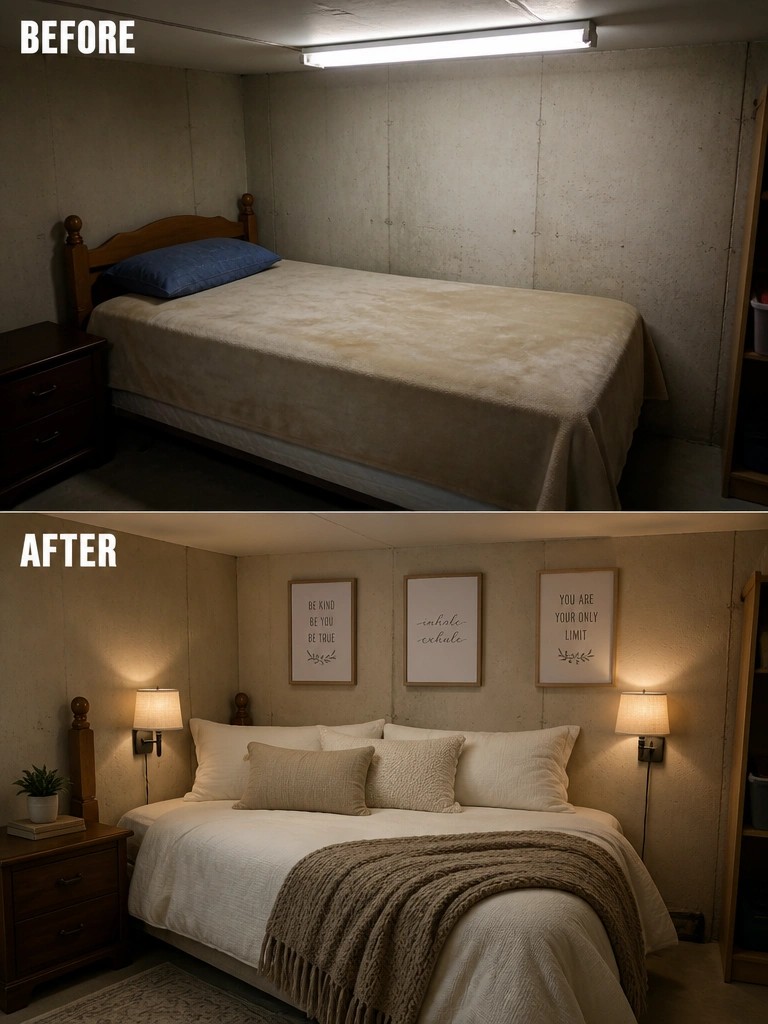 Before-and-after image of a plain bedroom transformed with wall lamps, layered bedding, and framed wall art.