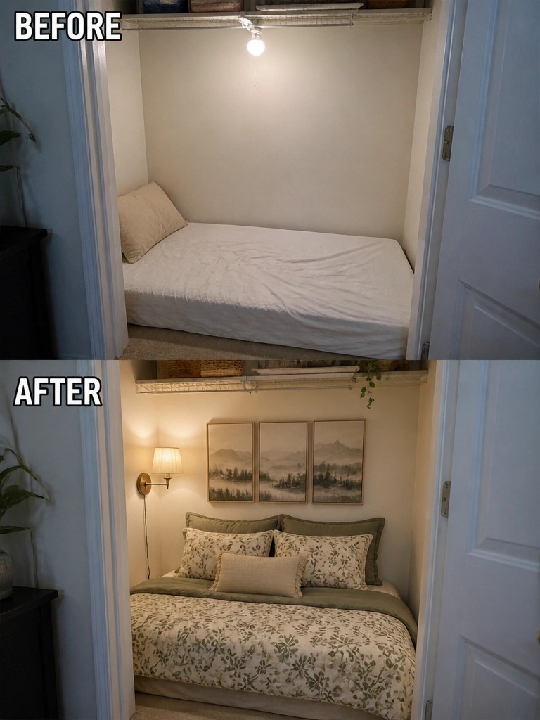 Before and after of tiny closet nook turned cozy bed with decor and art