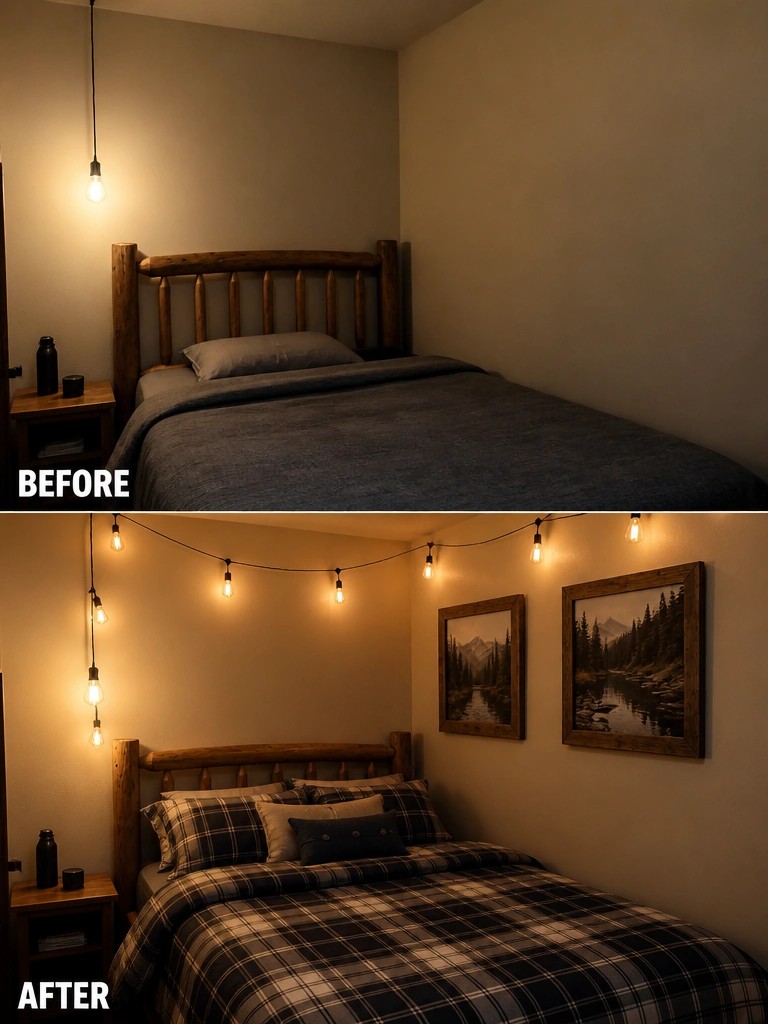 Before and after bedroom with string lights, plaid bedding, and wall art
