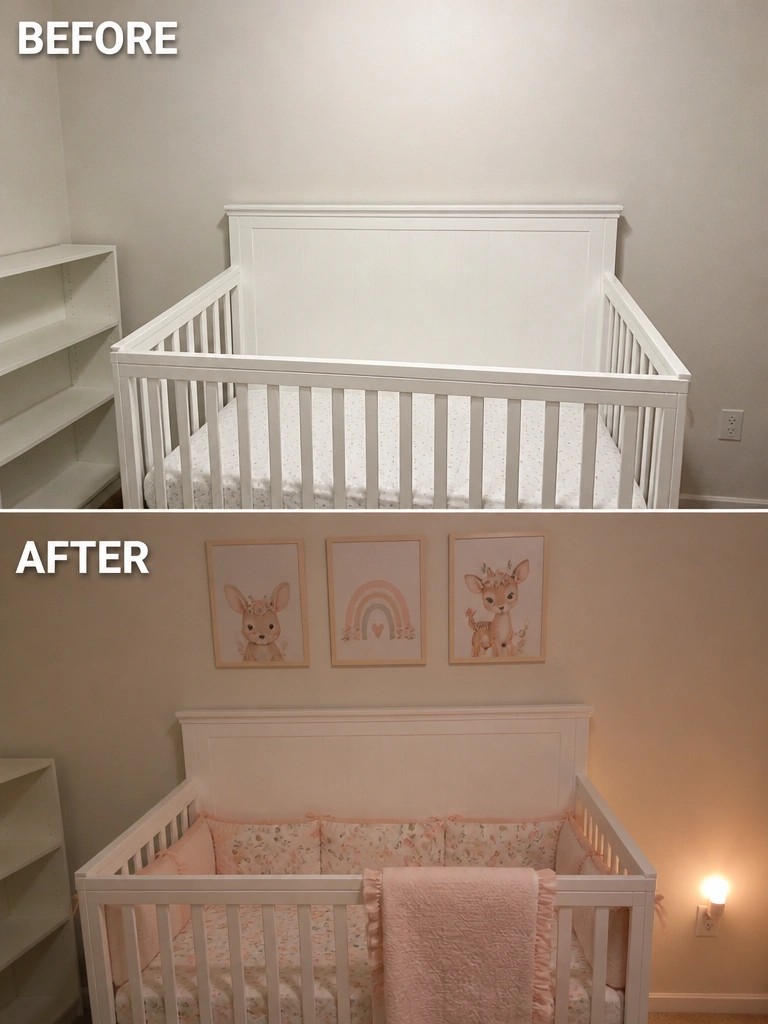 Before-and-after image of a nursery with a white crib, showing added wall art above the crib, new floral bedding, and a night light in the after photo.