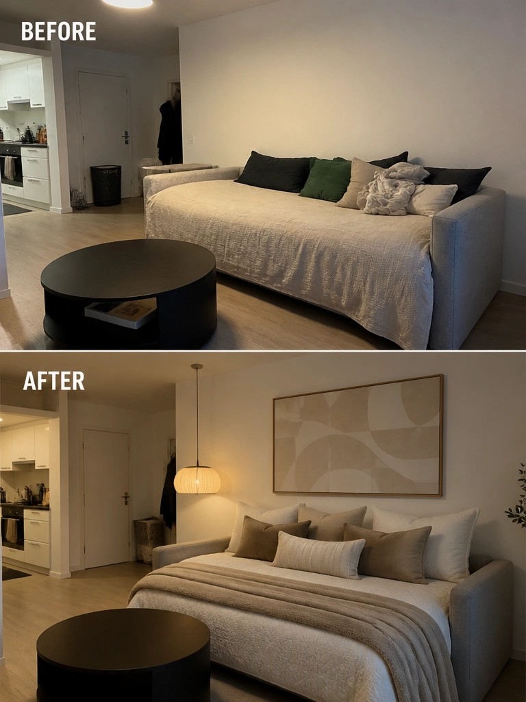 Before-and-after image of a daybed area updated with wall art, a pendant light, and coordinated neutral bedding.