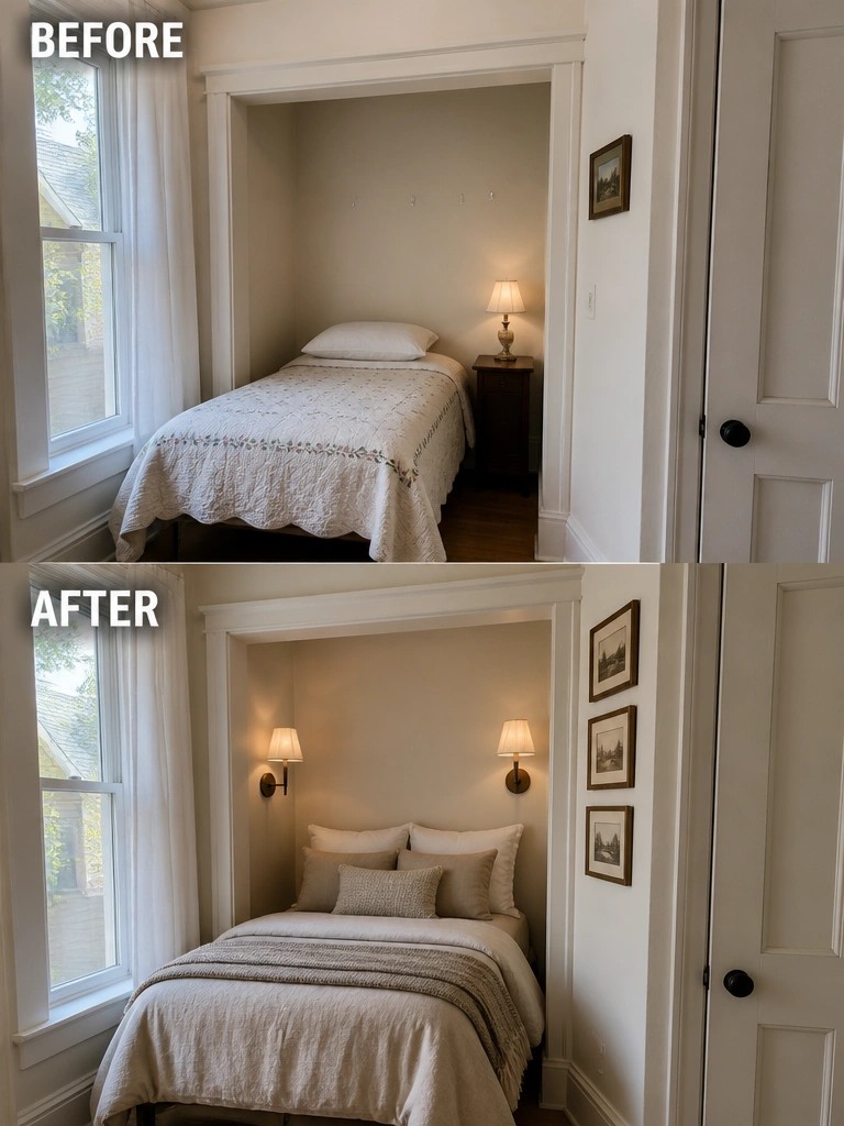 Before-and-after image of a bedroom alcove updated with wall sconces, neutral bedding, and framed wall art.