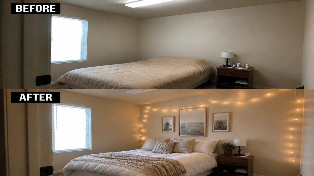 20 Simple Cheap Room Transformation Ideas Using Lighting, Bedding, and Wall Art Before and after bedroom with string lights, wall art, and white bedding