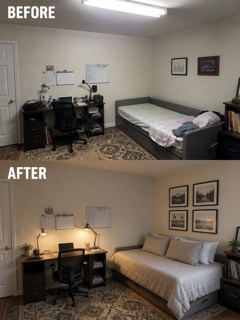 Before and after bedroom with cluttered desk, unmade bed transformed into organized neat space