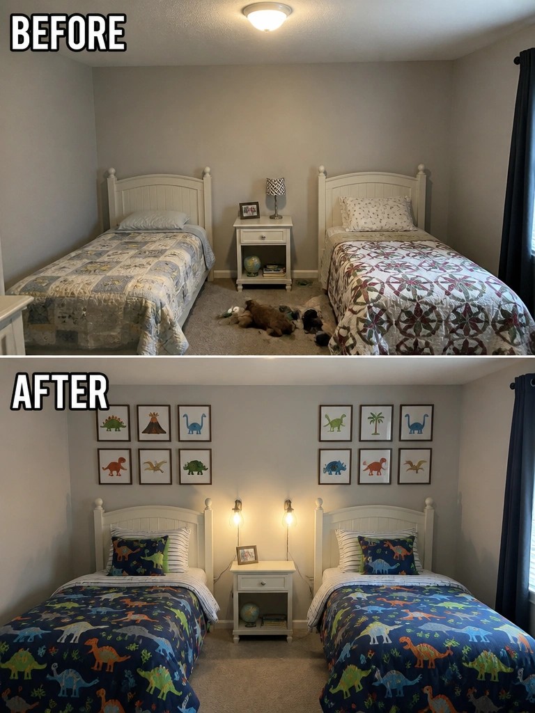 Before-and-after image of a children's bedroom updated with dinosaur wall art, matching bedding, and new wall sconces.