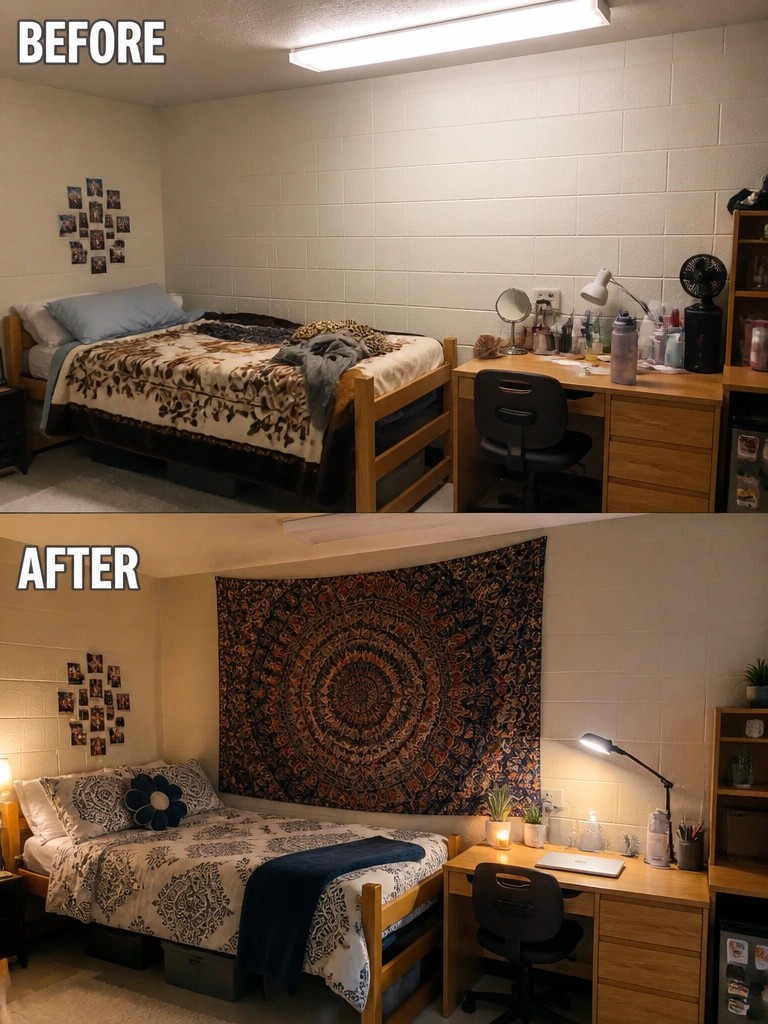 Before-and-after image of a dorm room updated with a large wall tapestry, new bedding, and desk lighting.