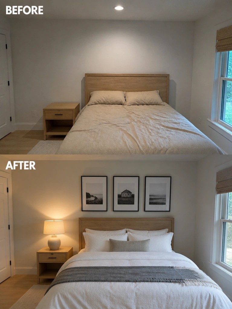 Before and after bedroom with updated pillows, art, and bedding