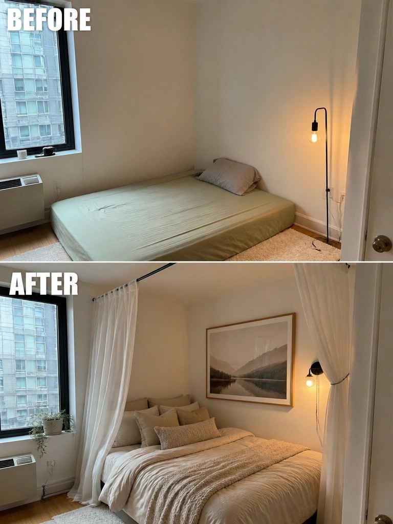 Before and after bedroom with bare mattress transformed into cozy styled bed with curtains and art.