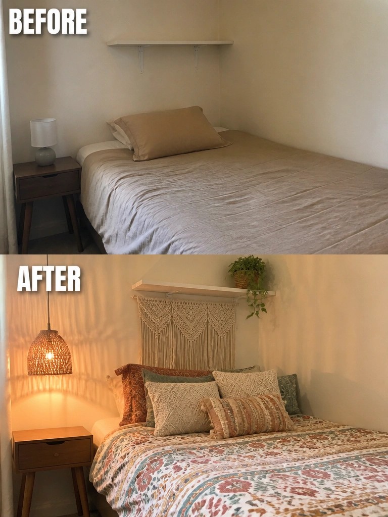 Bedroom before and after: plain beige to bohemian patterned bedding with macrame and lamp.