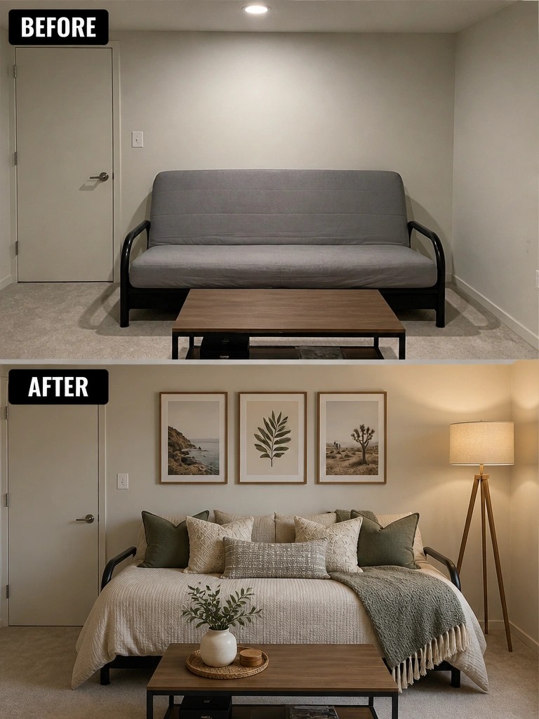 Before-and-after image of a living room updated with wall art above the sofa, layered pillows, a throw blanket, and a floor lamp.