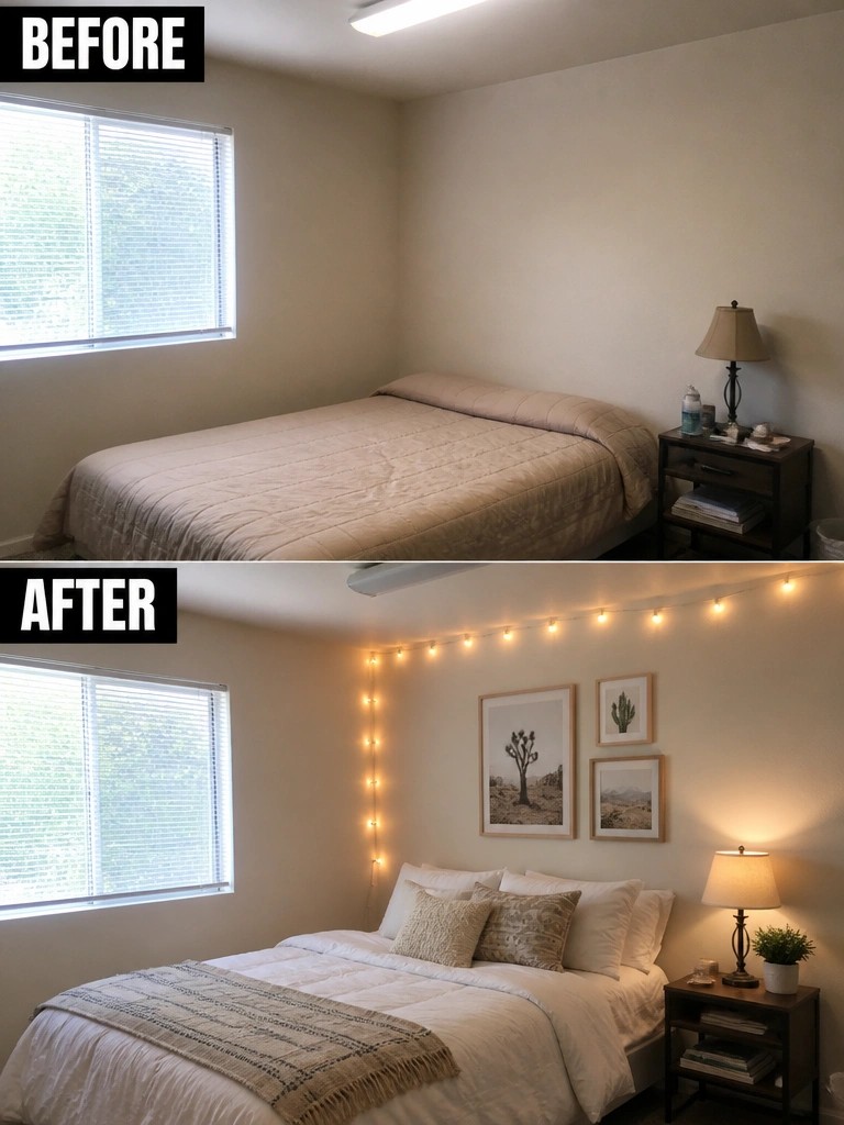 Before and after bedroom with string lights, wall art, and white bedding