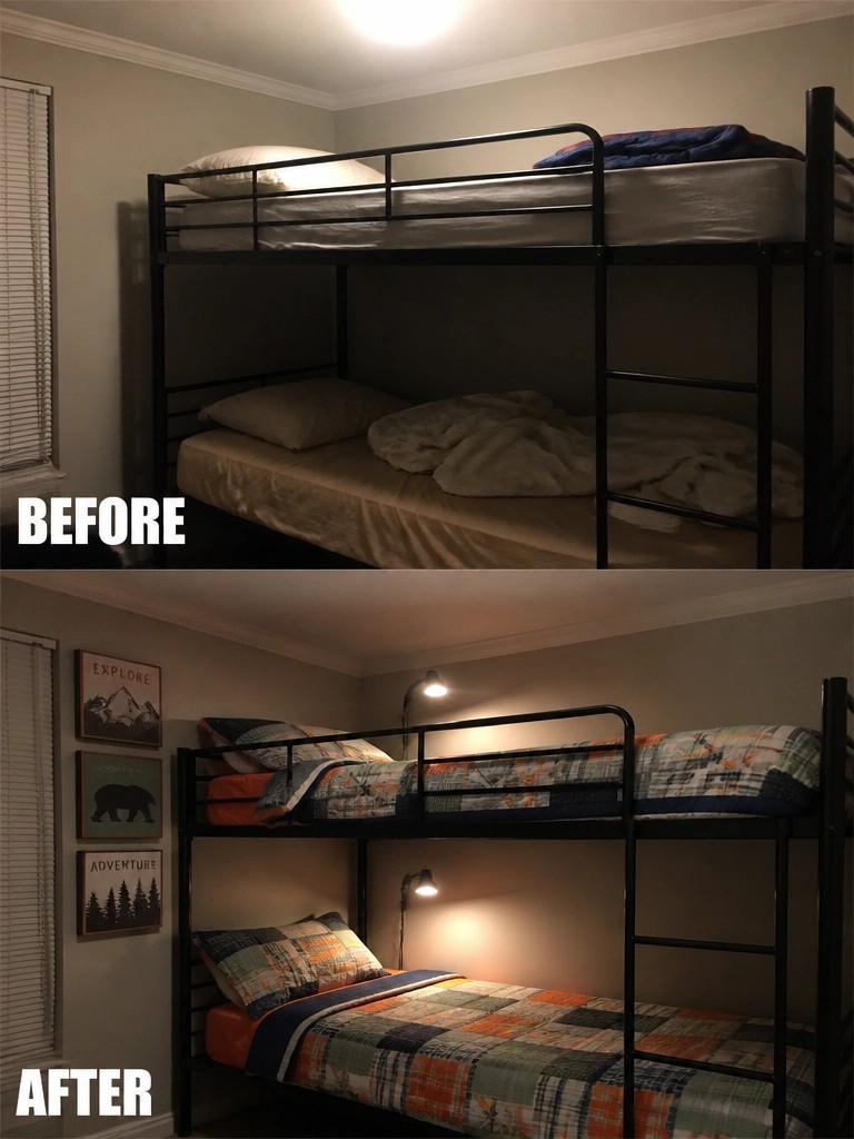 Before and after of messy versus tidy bunk beds with plaid bedding and wall art.