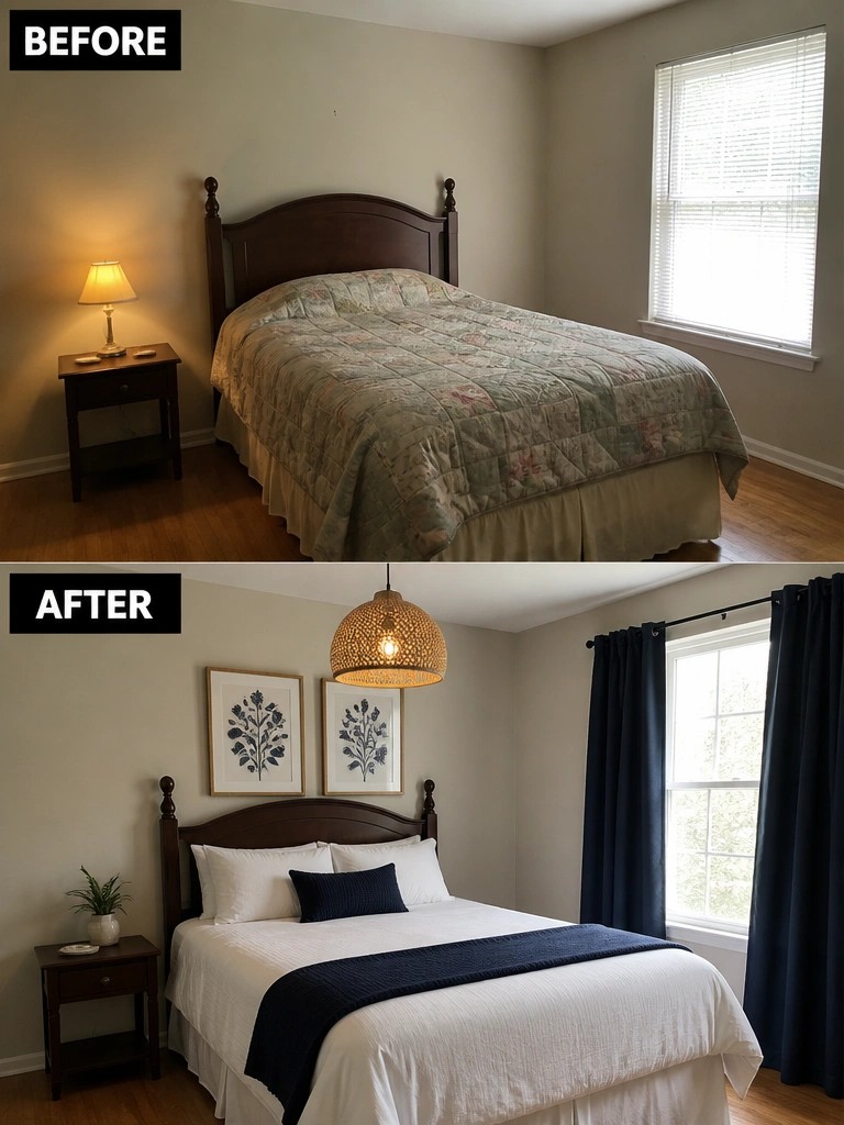 Before-and-after image of a bedroom updated with white bedding, a woven pendant light, framed wall art, and dark curtains.