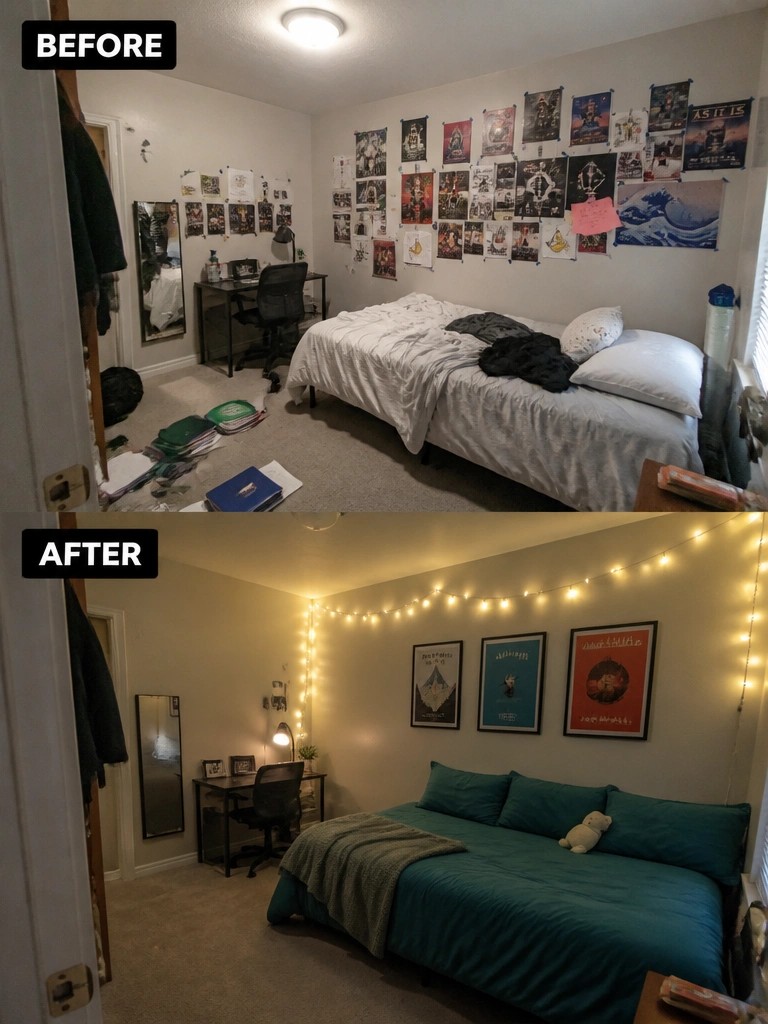 Split before-and-after view of cluttered bedroom cleaned with teal bedding and string lights