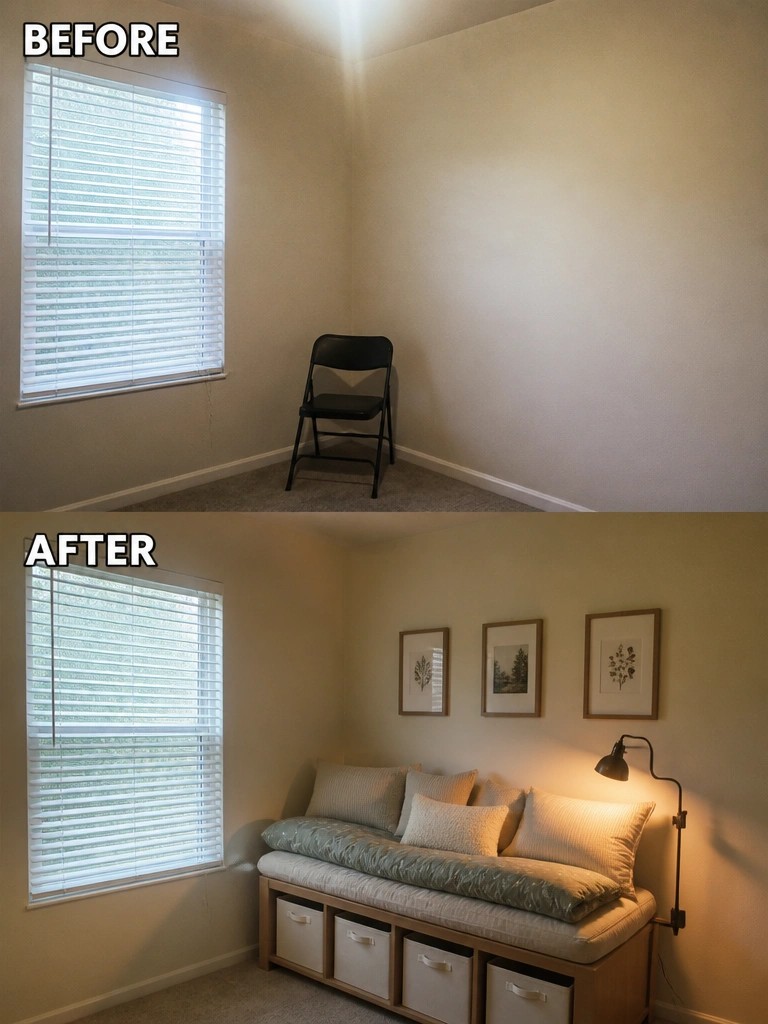 Before-and-after image of an empty room corner transformed into a seating area with a storage bench, cushions, wall art, and a floor lamp.