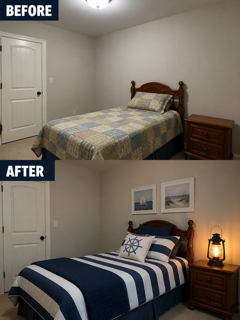 Before-and-after image of a bedroom updated with new striped bedding, nautical wall art, and a lantern.