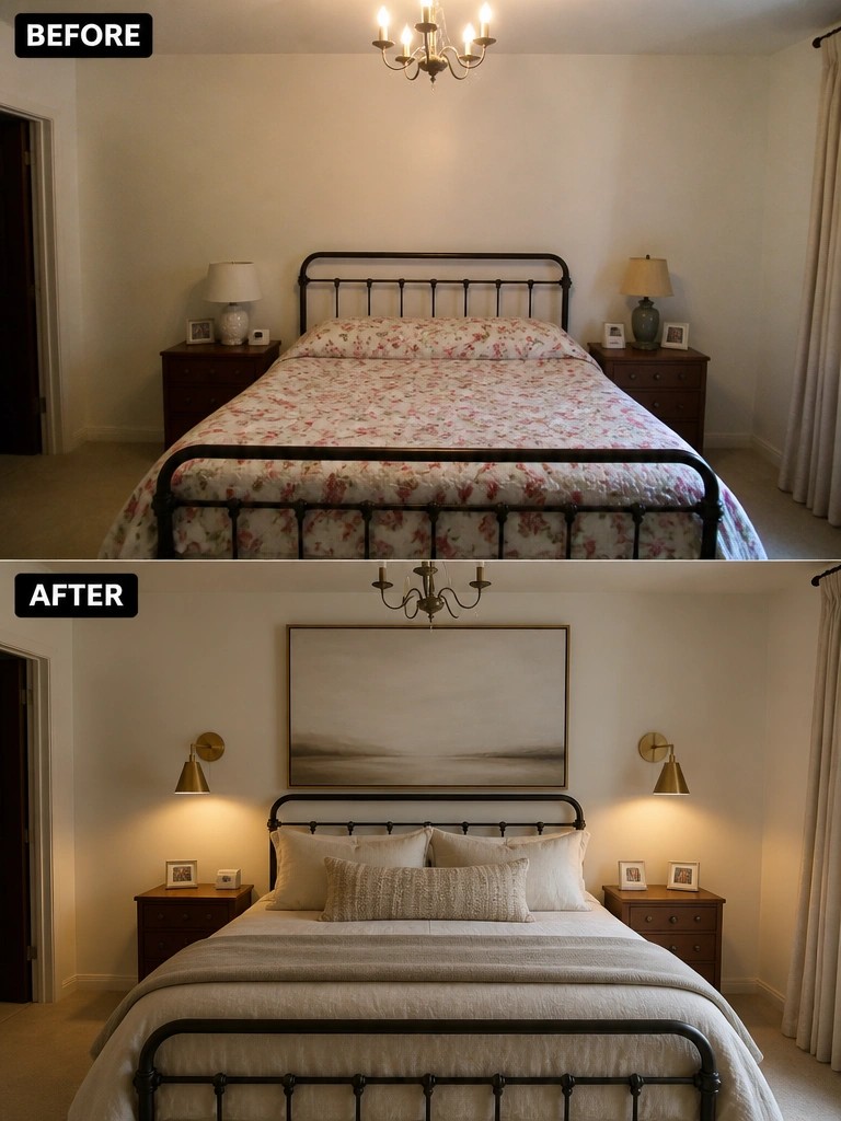 Before-and-after image of a bedroom updated with neutral bedding, a large piece of wall art above the bed, and wall sconces replacing table lamps.