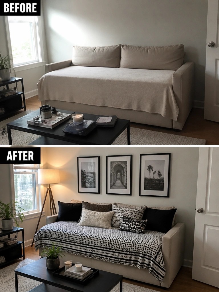 Before and after sofa makeover with pillows, patterned throw, wall art, and lamp