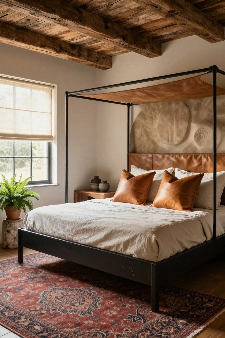 Bedroom interior with exposed wooden beam ceiling, black metal canopy bed frame with tan leather canopy and headboard, white linen bedding with orange pillows, fern plant in terracotta pot, wood nightstand holding ceramic pots, linen shade on window, and red patterned rug on wood floor.