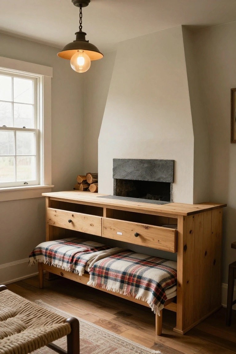 Light gray room corner with wooden console bench under slate fireplace holding stacked firewood, plaid blankets on bench seat, hanging metal pendant light, and window nearby.