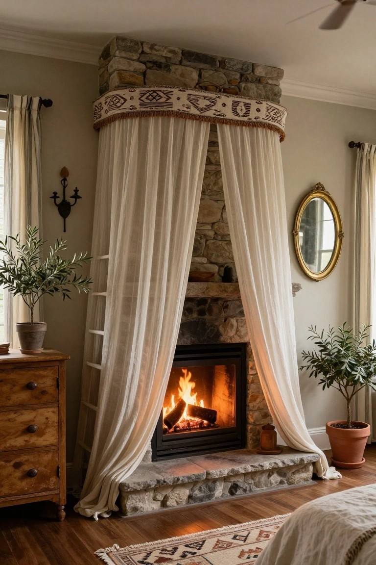 A bedroom corner with a lit stone fireplace framed by flowing sheer white curtains forming a canopy overhead, olive plants in terracotta pots nearby, wooden dresser, and bed with rug in the background.