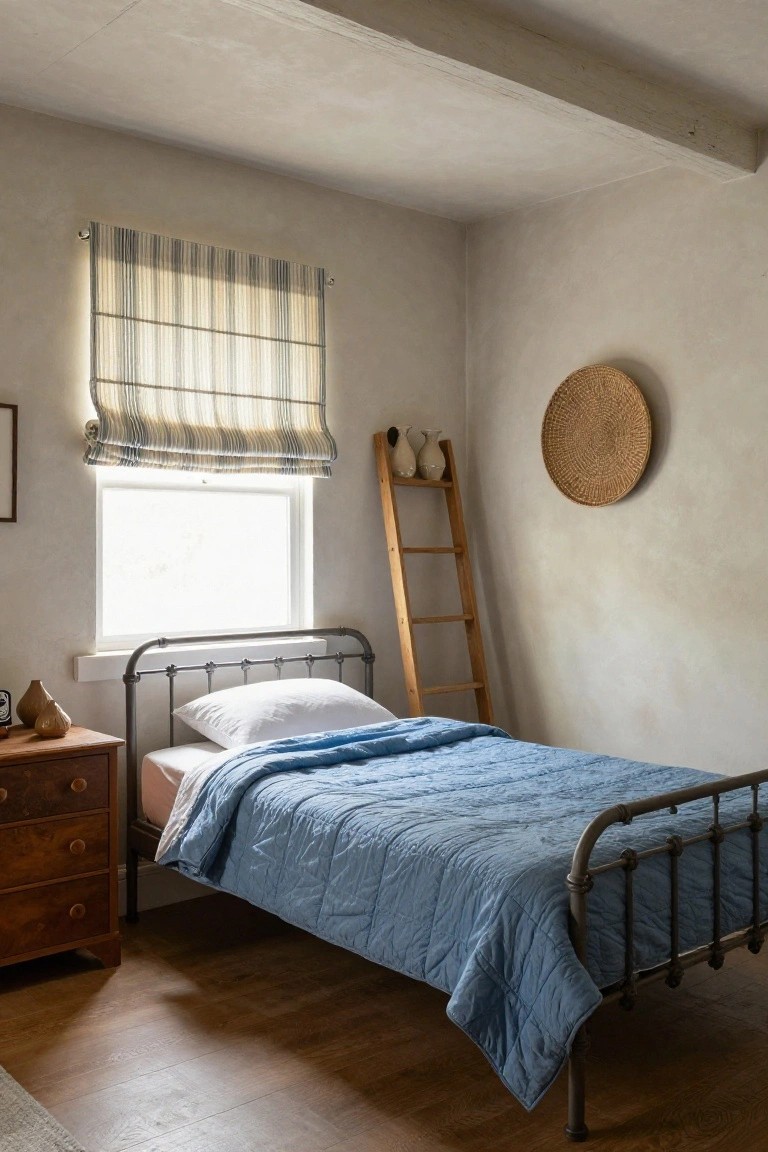 A simply furnished bedroom with a metal bed frame covered in a blue quilt, a wooden ladder leaning against the wall holding two vases, a small wooden dresser, striped roman shade on the window, and woven wall hanging on beige walls.