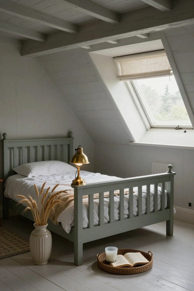 Attic bedroom with sloped white ceilings and exposed beams, soft green painted wooden single bed with white linens and wheat stalks, lit brass lamp on bed, skylight with roller blind, tall vase with wheat stalks, woven tray holding open book and glass on wooden floor.