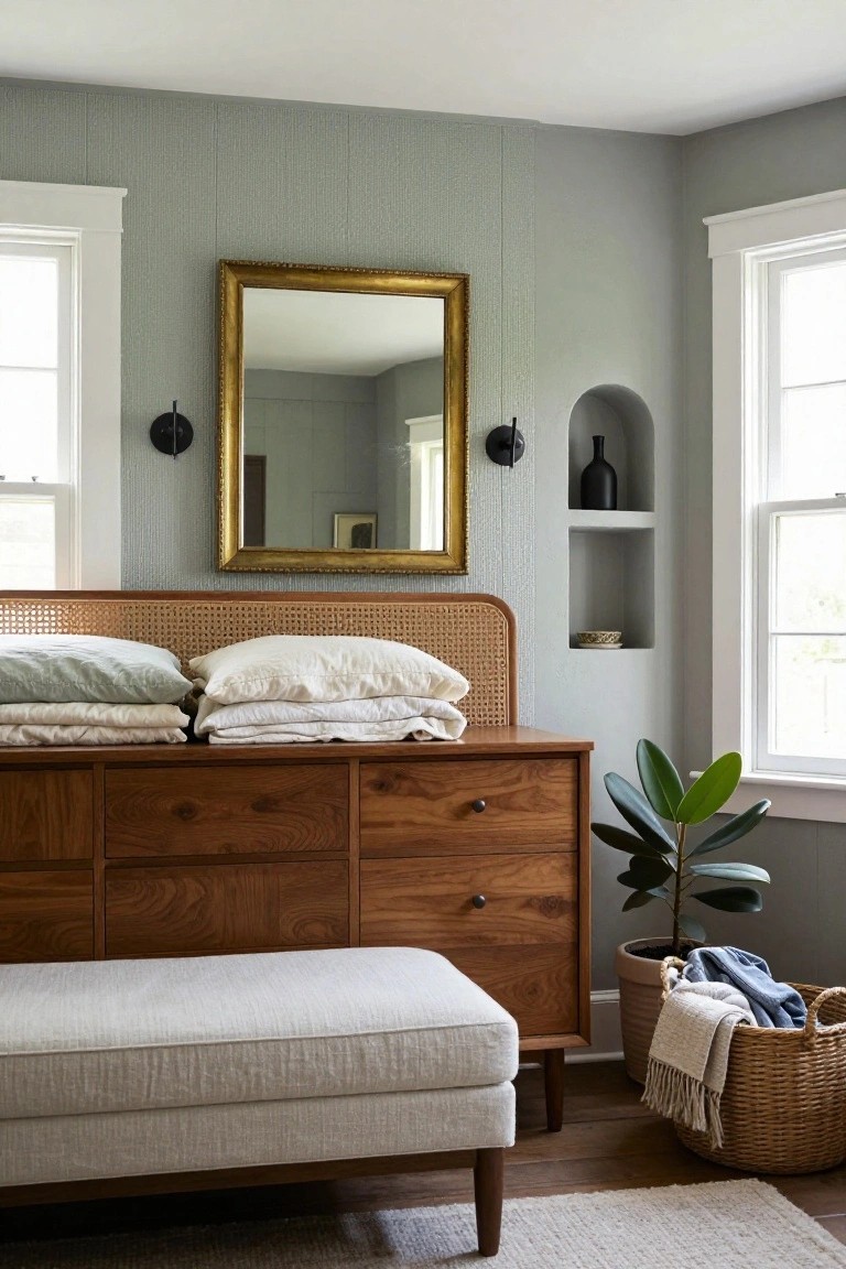 Bedroom corner showing a bed with rattan headboard piled with white and light green linen sheets and pillows, wooden dresser beside it, cream bench at foot, potted plant in terracotta pot, gold mirror above arched wall niche with black vase and sconces on textured gray walls.
