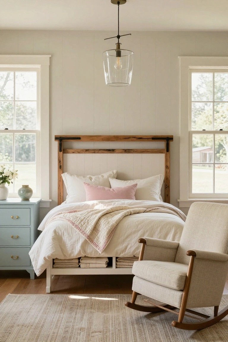 Farmhouse bedroom with pale gray board-and-batten walls, double windows with natural light, a large reclaimed wood headboard featuring white shiplap panels and metal hardware, white bed with pink pillows and quilt, blue dresser with vase, beige armchair, and wood rocking chair on light wood floors.