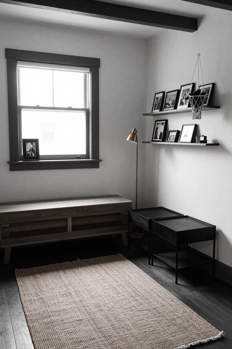 Black-and-white photo of a bedroom corner with white walls, dark exposed beams, a wooden bench with drawers, two black metal side tables, floating black shelves holding black-framed photos and art, a gold arched lamp, and a light seagrass rug on dark wood floors.