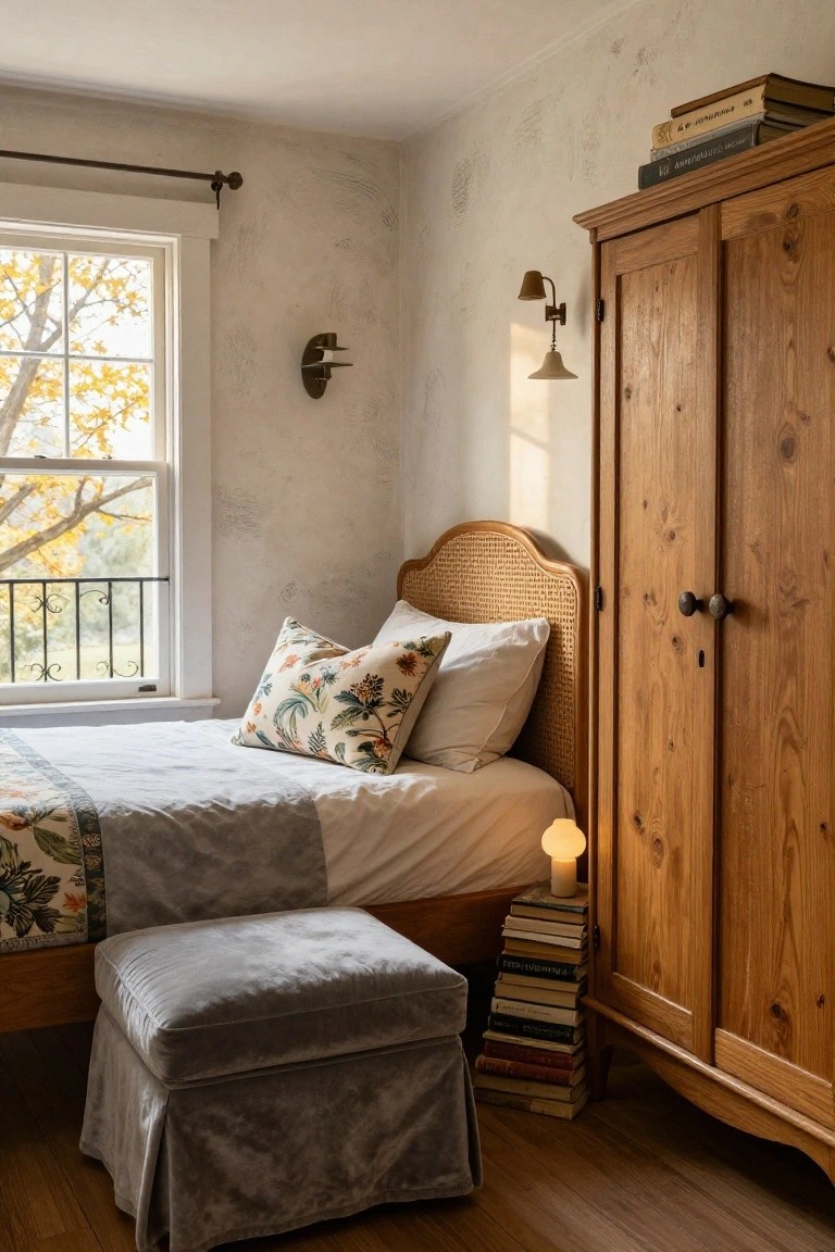 Bedroom interior showing a bed with rattan headboard, gray bedding, and floral pillows next to a tall wooden armoire with stacked books and a lamp at its base, plus a window with autumn trees outside.