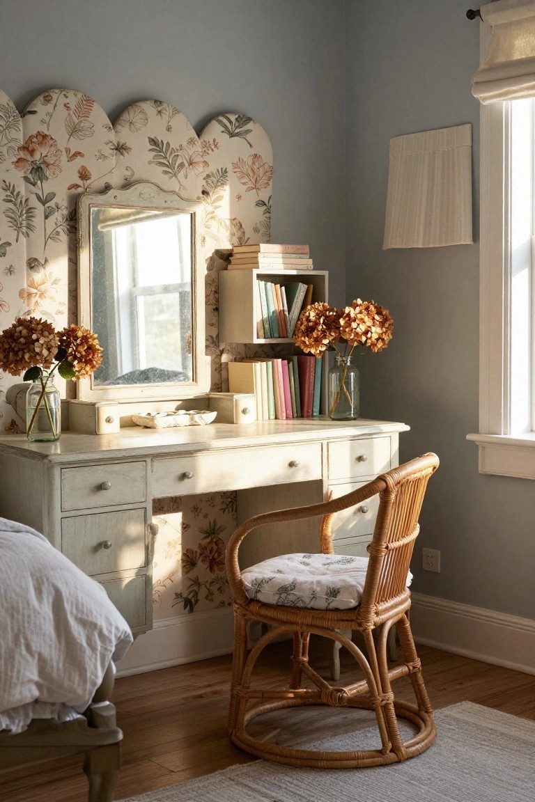 Corner of a light gray bedroom with a white painted wood vanity table topped by a round mirror backed by scalloped floral fabric screens, two vases of dried orange hydrangeas, bookshelves, rattan armchair with floral cushion, and edge of a bed nearby.