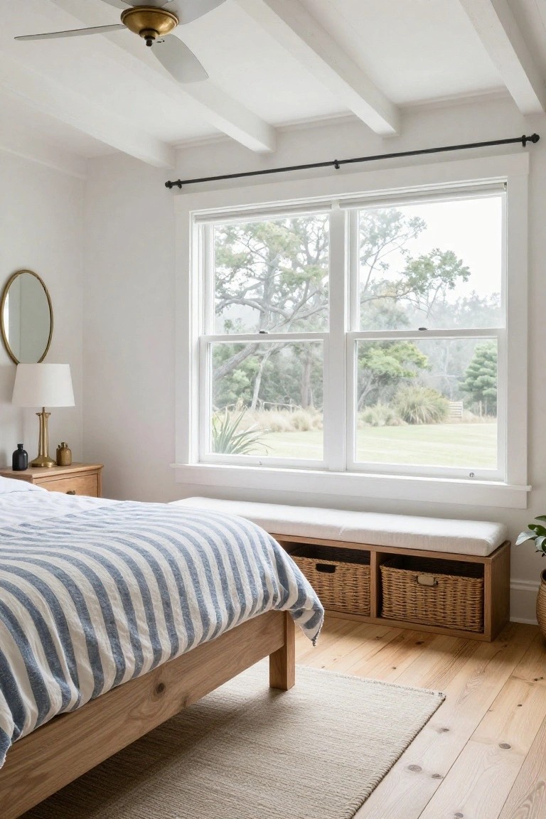 A farmhouse bedroom with white walls, wooden bed with striped duvet, oak floors, brass lamp and round mirror on a dresser, and a built-in wooden window bench with wicker baskets under a large window showing trees and grass outside.