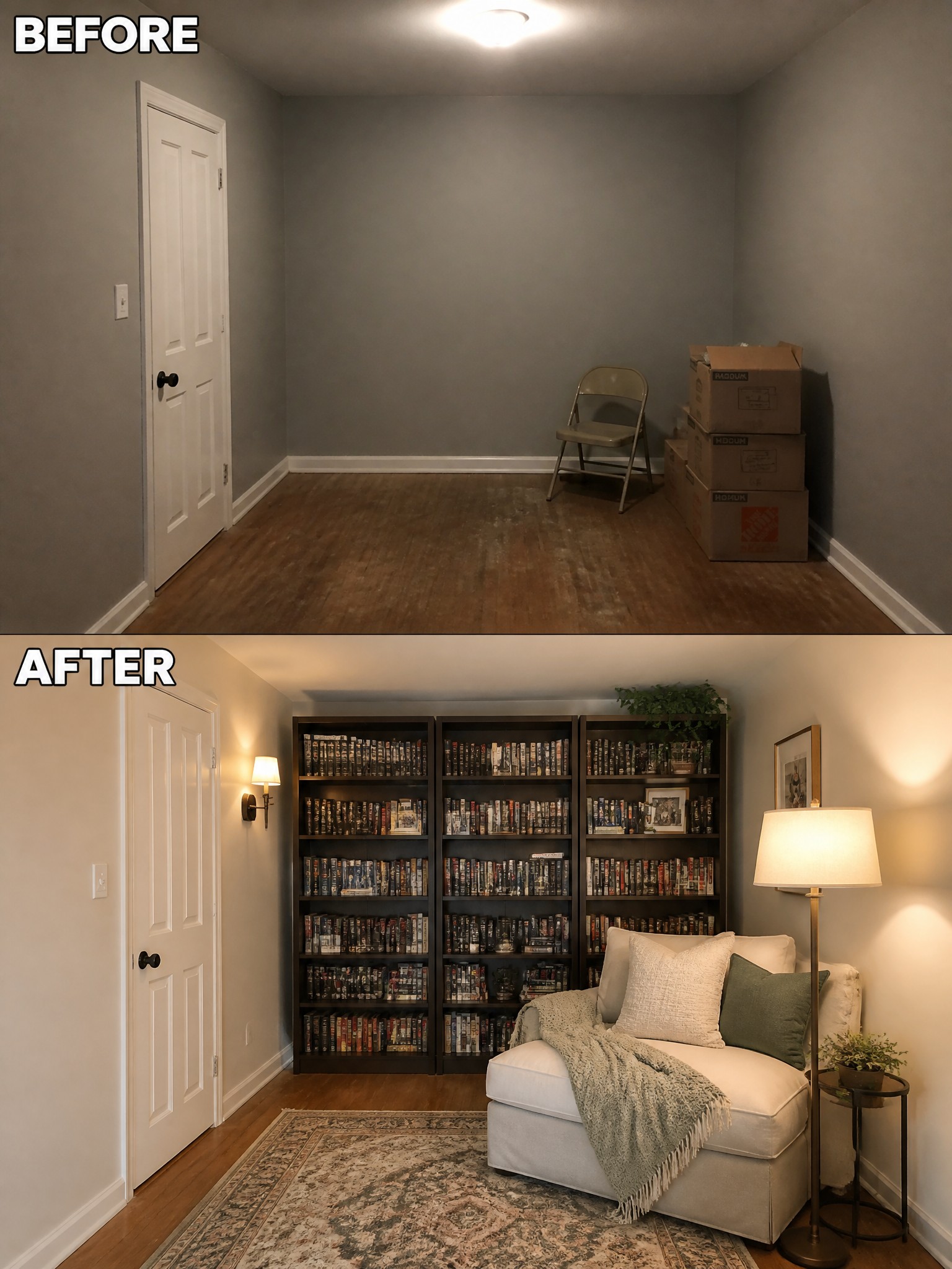 Before: empty gray room with a chair and boxes. After: cozy reading nook with bookshelves.