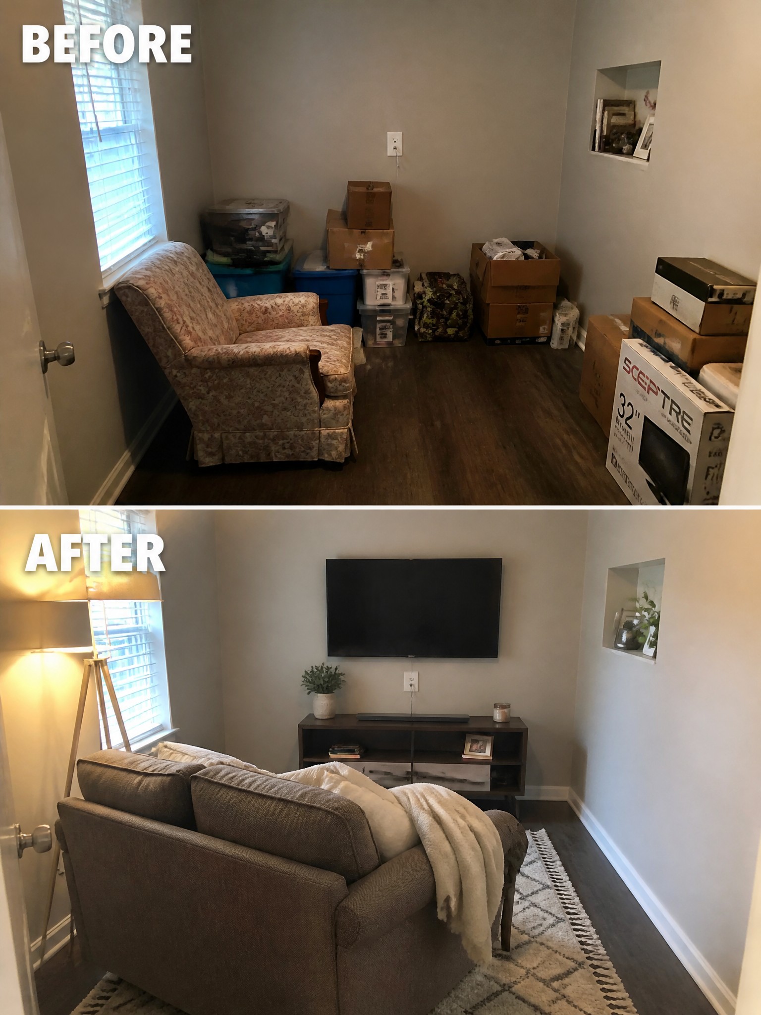 Before and after transformation of a small room with seating, TV, and decor.