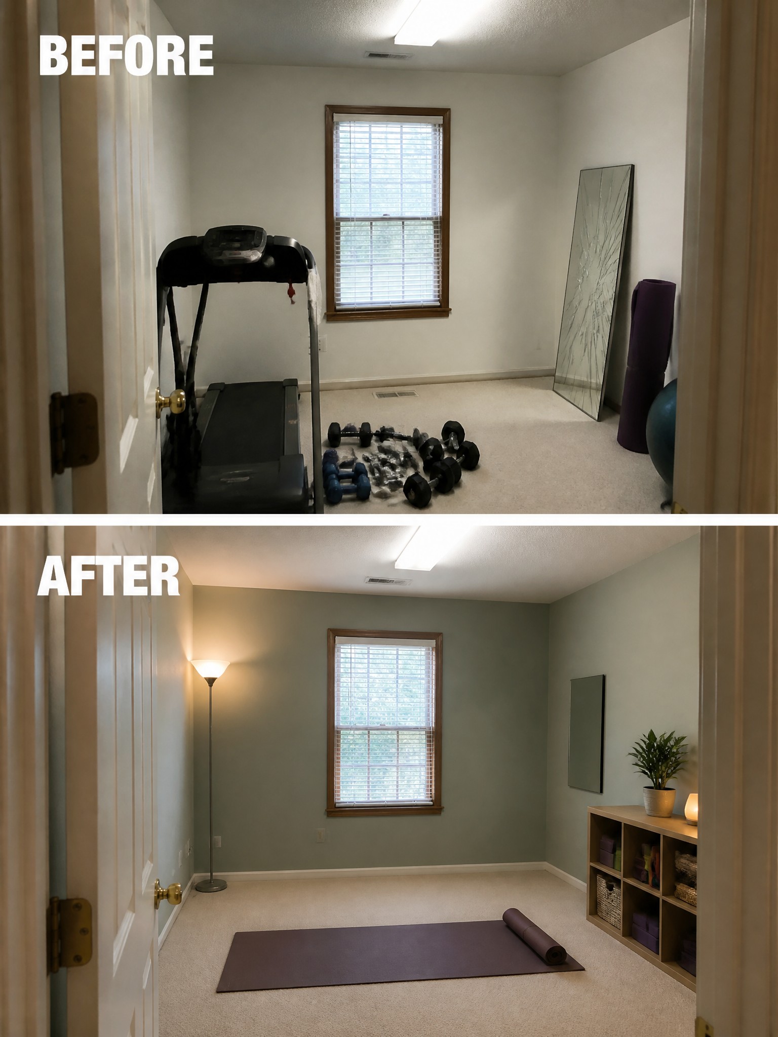 Before and after transformation of a room, featuring a treadmill, weights, and yoga mat.