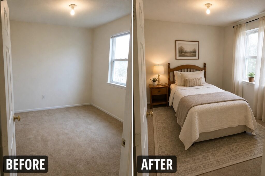 Before-and-after image of an empty bedroom turned into a furnished guest room with a bed, rug, curtains, nightstand, and lamps.