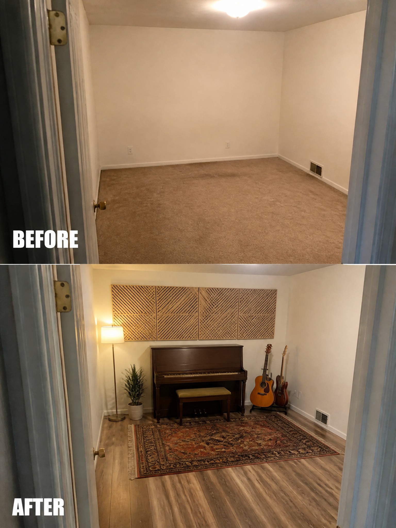 Empty room transformed with a piano, guitars, rug, and warm lighting.