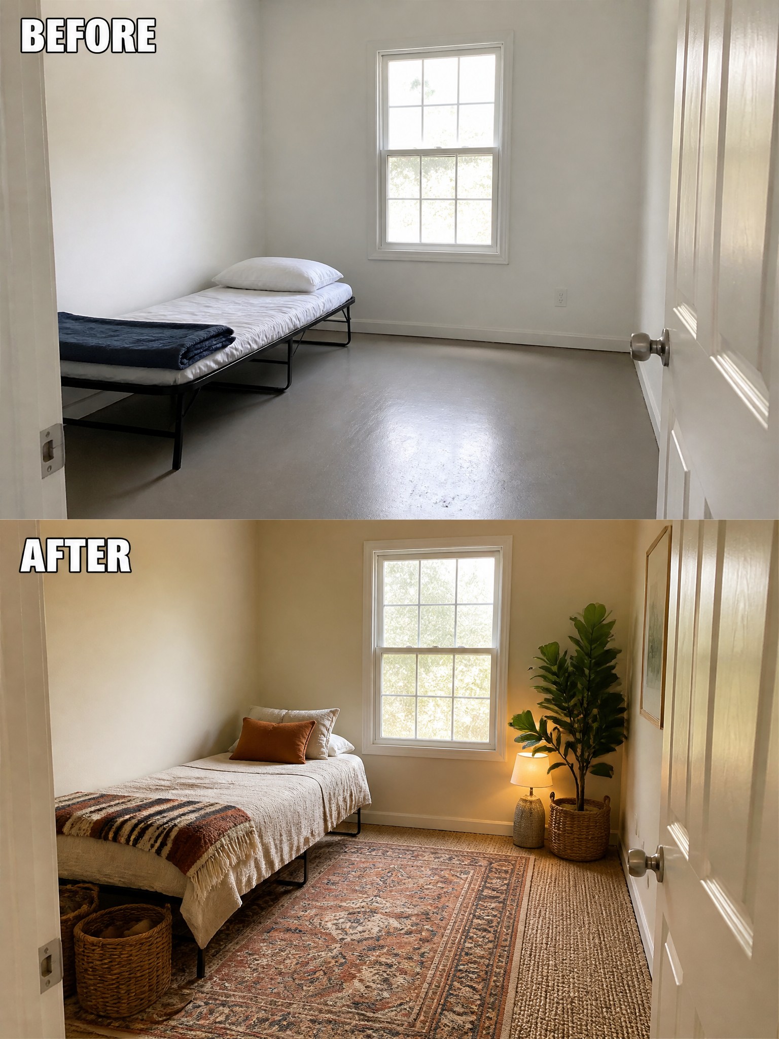 Before and after room transformation: minimalist bed to a cozy, styled space with plants.
