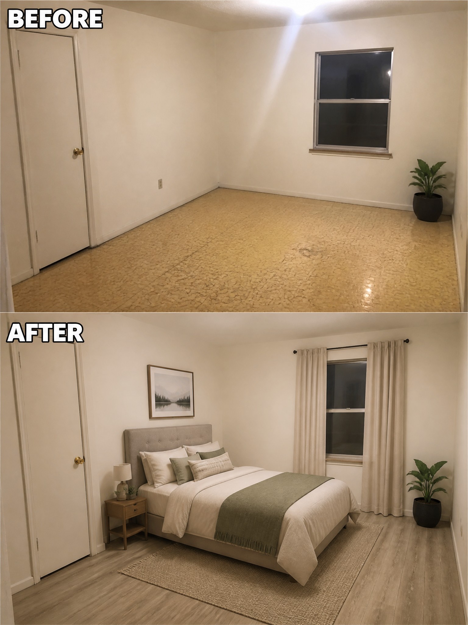 Before-and-after image of an empty room transformed into a furnished bedroom with a bed, rug, nightstand, and curtains.