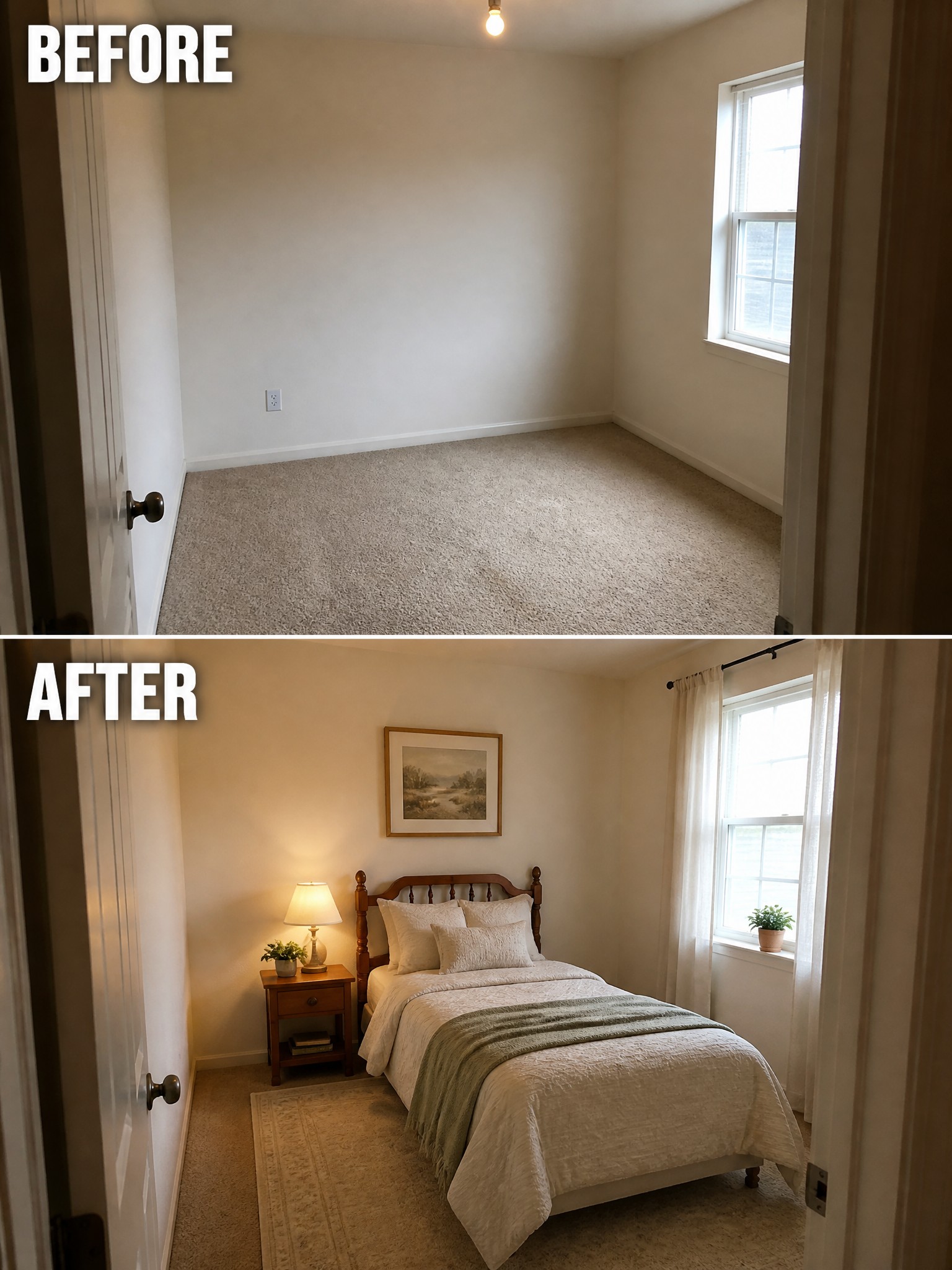 Before-and-after image of an empty bedroom turned into a furnished guest room with a bed, rug, curtains, nightstand, and lamps.