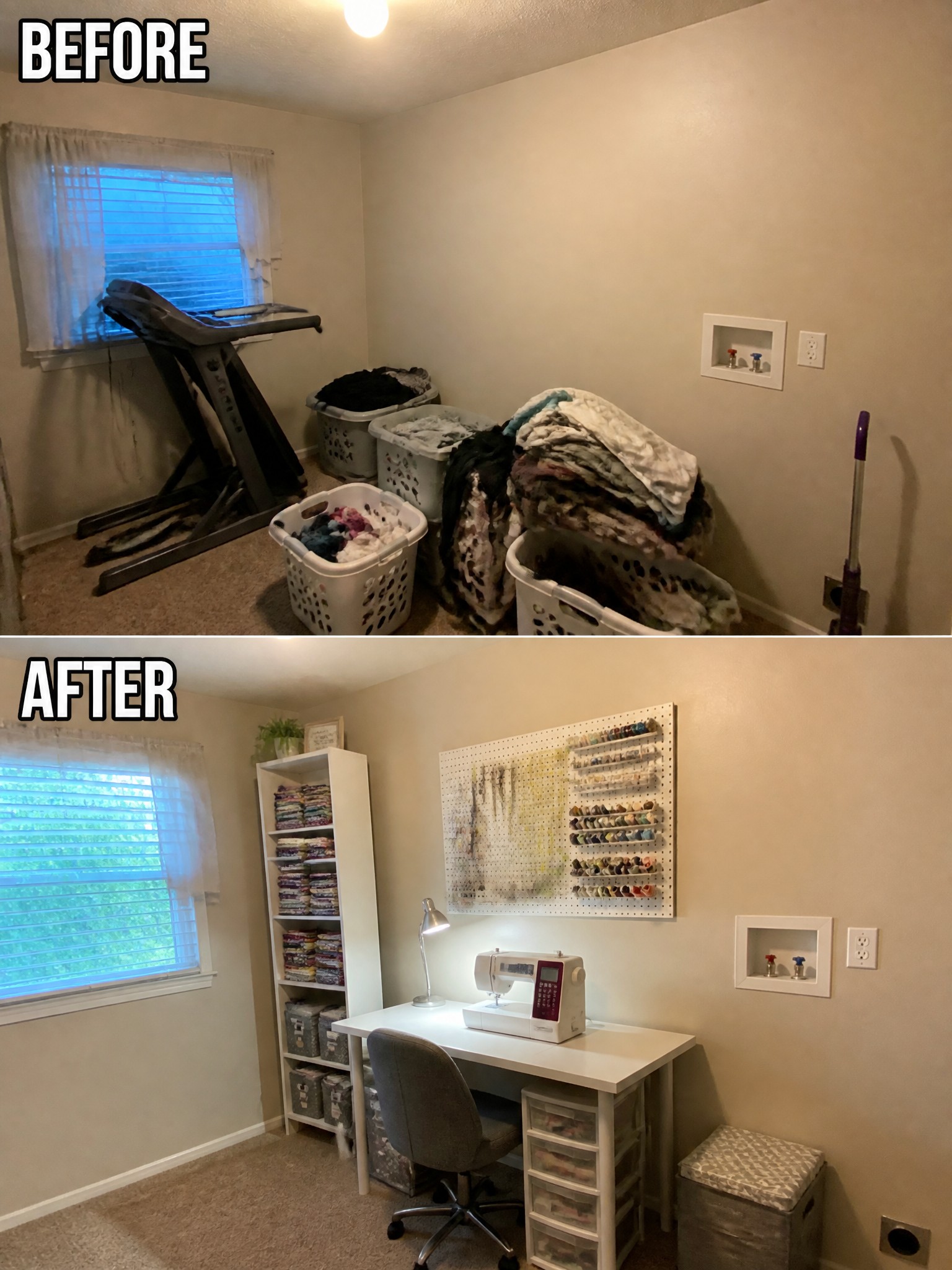 Before-and-after image of a cluttered spare room transformed into an organized sewing and craft space with a desk, storage shelves, and thread display.