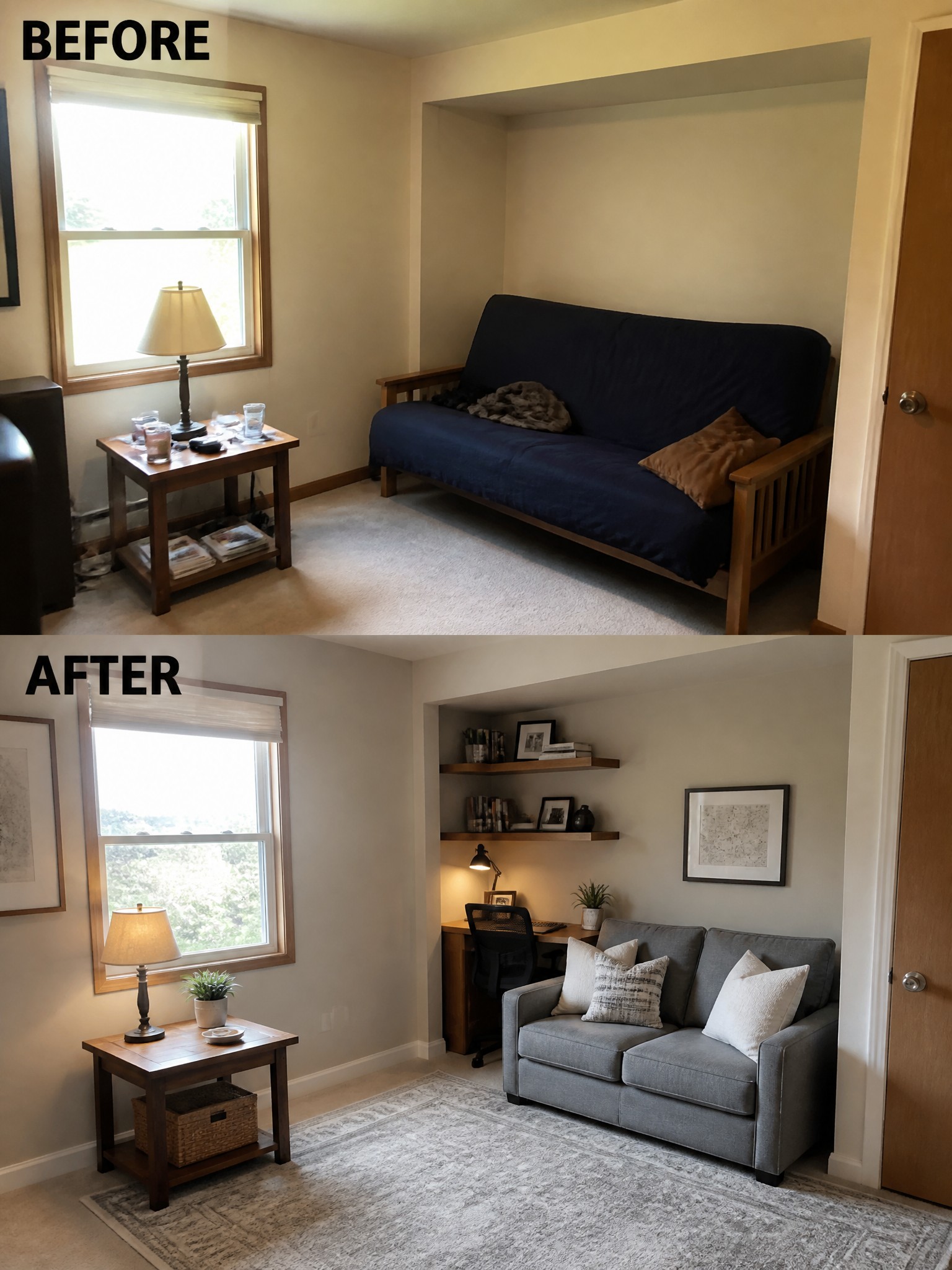 Before and after living room transformation with light gray sofa, shelves, and bright decor.