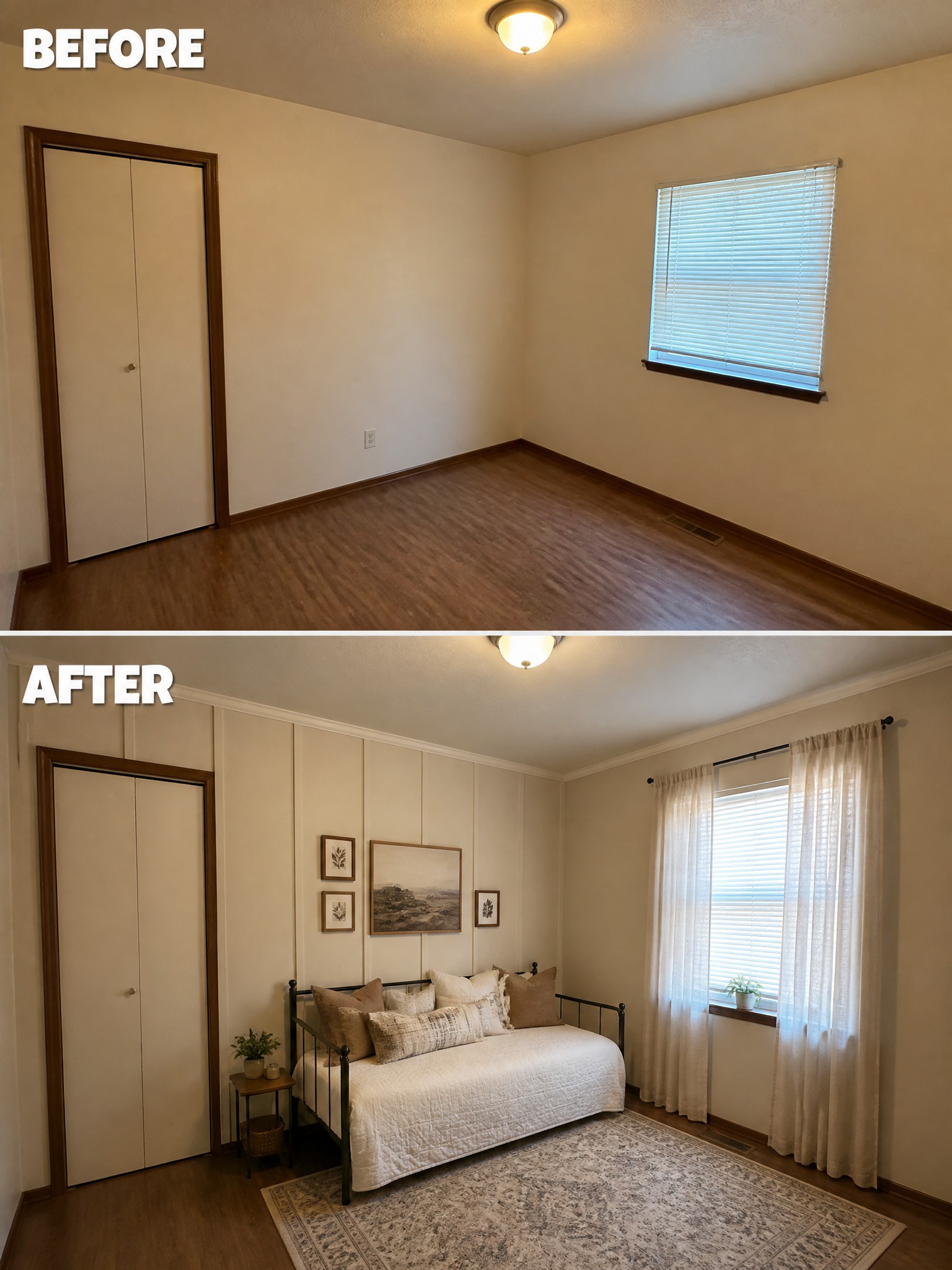 Empty room transformed with a daybed, decorative pillows, artwork, and curtains.