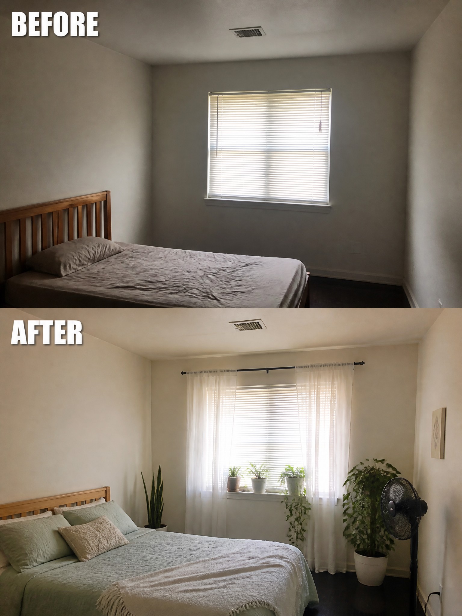 Before-and-after image of a plain bedroom transformed with sheer curtains, potted plants, and updated bedding.